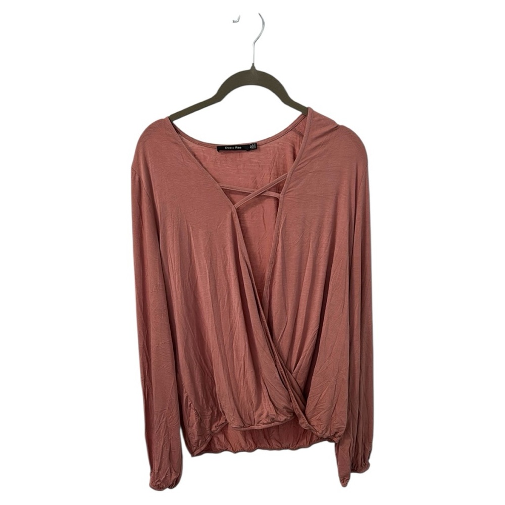 Doe & Rae Rose Colored Long Sleeve Wrap Blouse with Criss Cross Strap Detail NWT